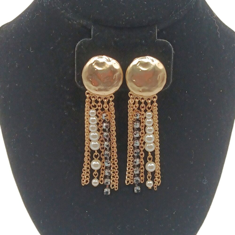 Chico’s Tassel Drop Earrings 3" Hammered Gold Tone Chain Faux Pearl Bead Clip On